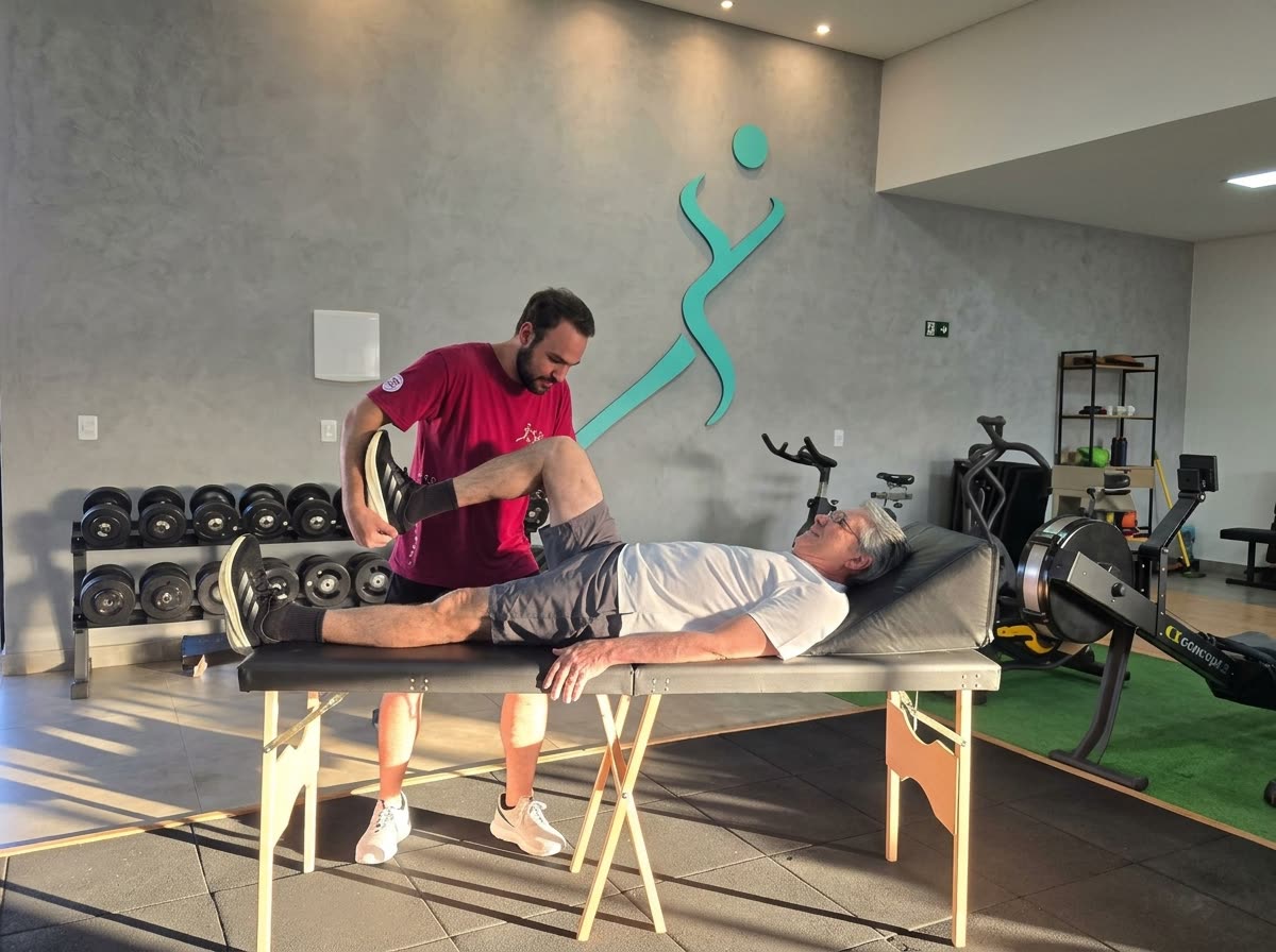 Fisioterapeuta da S.E.R mobilizando o joelho de um paciente na maca
