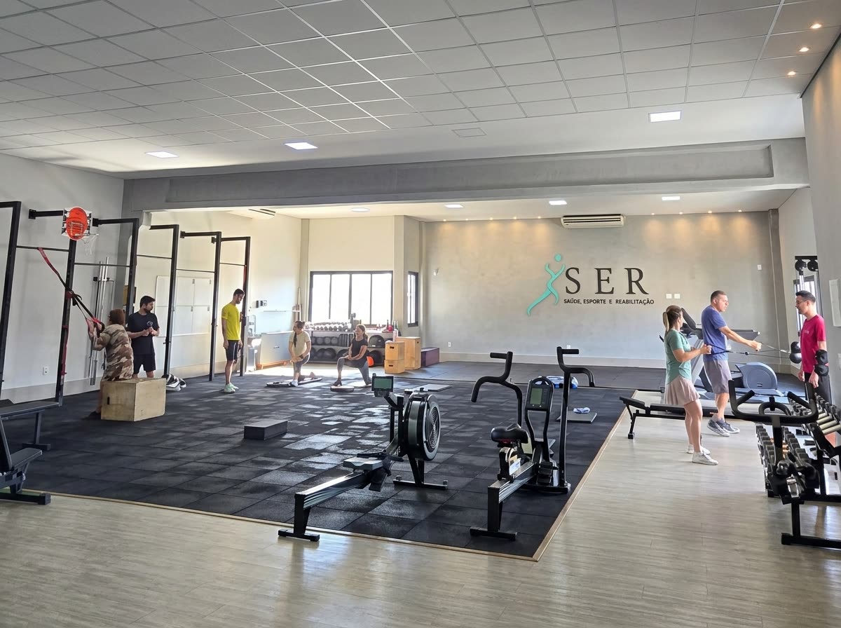 Turma de treino funcional adulto no salão da S.E.R, com esteiras, remo e área de tatame